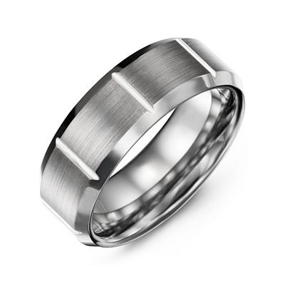 Mens Brushed Vertical Grooved Polished Tungsten Ring