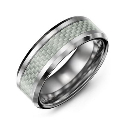 Mens Clear carbon Fiber Inlay Polished Tungsten  Ring