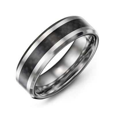 Mens Black carbon Fiber Inlay Polished Tungsten Ring