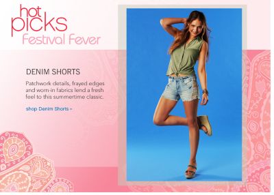 Hot Picks Festival Fever: Denim Shorts Patchwork details, frayed edges and worn-in fabrics lend a fresh feel to this summertime classic. - shop Denim Shorts