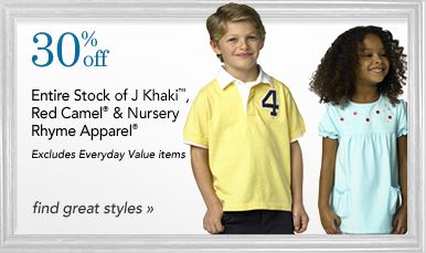 30% off Entire Stock of J Khaki&trade;, Red Camel&reg;, and Nursery Rhyme Apparel&reg;