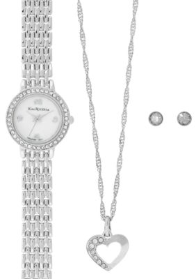 Kim Rogers Silver-Tone A Classic Time Necklace Watch and Earring Set