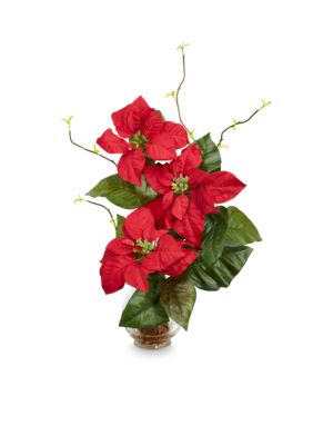 Nearly Natural Poinsettia With Fluted Vase Silk Flower Arrangement