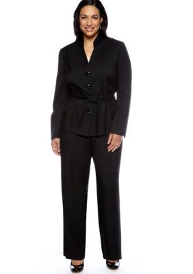 Le Suit Plus Size Belted Black Pant Suit