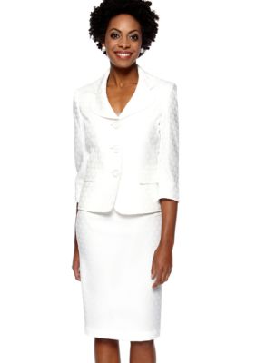 Le Suit Plus Size White Jacquard Skirt Suit