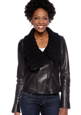 Via Spiga Knit Collar Leather Jacket