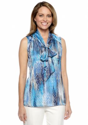 Kasper Wavy Print Tie Neck Blouse
