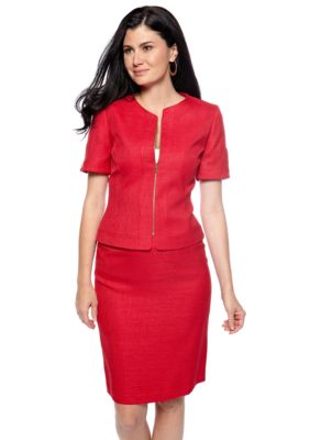 Tahari ASL Textured Short Sleeve Zip Front Skirt Suit