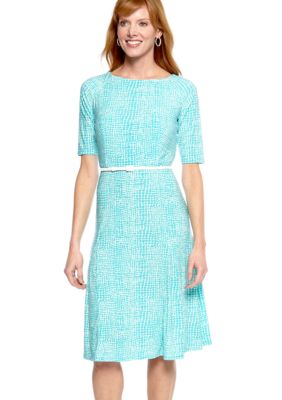 Jones New York Dress Elbow Sleeved Printed Matte Jersey Belted Dress