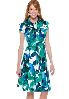 Jones New York Dress Cap-Sleeved Printed Shirt Dress