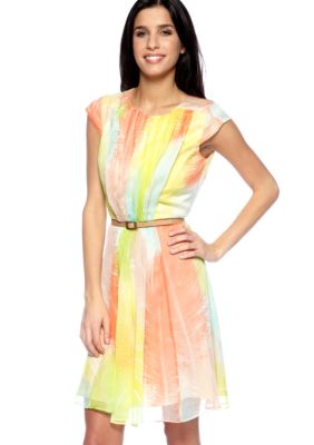 Vince Camuto Cap-Sleeved Fit and Flare Belted Dress