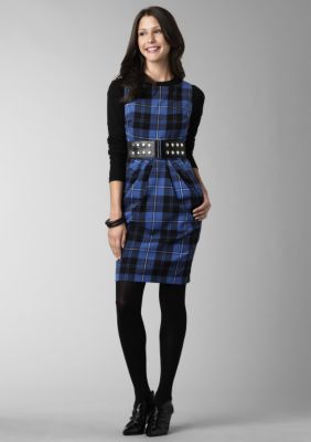 Sequin Hearts Belted Plaid Sheath Dress