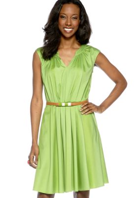 Evan-Picone Dress Cap-Sleeved Fit and Flare Belted Dress