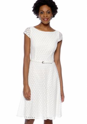 Evan-Picone Dress Cap-Sleeved Crochet Belted Dress