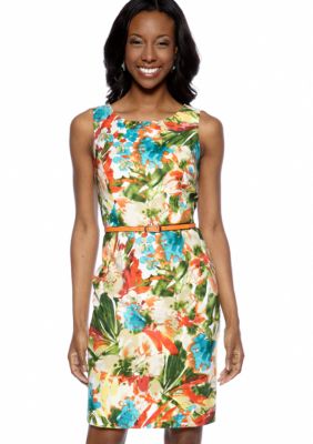 Evan Picone Sleeveless Printed Belted Sheath Dress