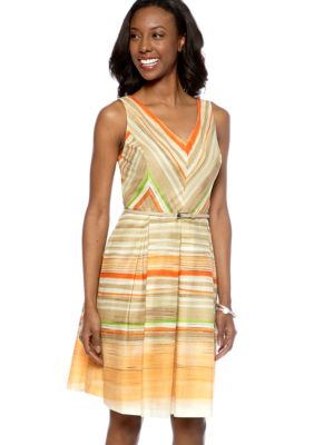 Evan-Picone Dress Sleeveless Stripe Belted Dress