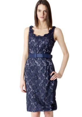 JS Boutique Sleeveless Allover Beaded Lace Belted Dress
