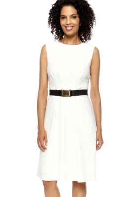 Tahari ASL Sleeveless Pleated Crepe Belted Dress
