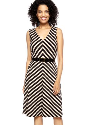 Tahari ASL Sleeveless Diagonal Stripe V-Neck Belted Dress