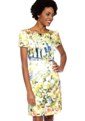 Tahari ASL Short Sleeve Printed Petite Sheath Dress