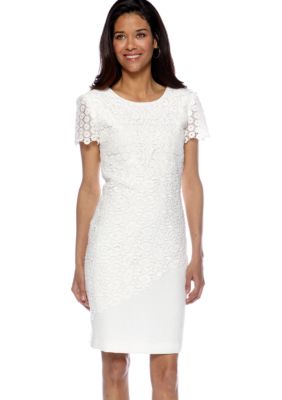 Tahari ASL Short-Sleeved Allover Lace Jacquard Sheath Dress