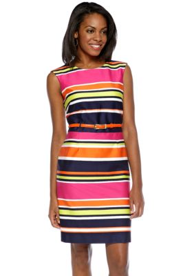 Tahari ASL Sleeveless Striped Belted Sheath Dress