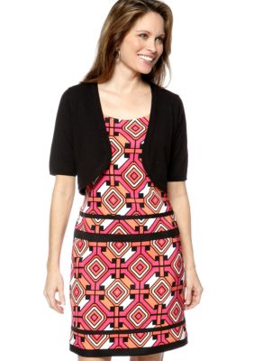 Kim Rogers Elbow Sleeved Crochet Sweater with Sleeveless Printed Sheath Dress