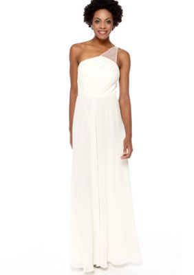 Betsy & Adam One Shoulder with Sequin Lattice Back Gown