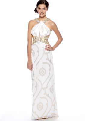 Betsy & Adam Halter Jersey Gown with Beads and Sequins