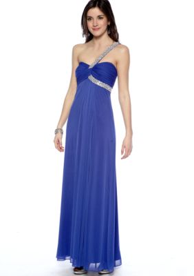 Betsy & Adam One Shoulder Beaded Gown