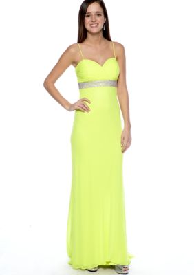 Betsy & Adam Spaghetti Strap Gown with Rhinestones