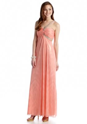 Betsy  Adam One Shoulder Foil Mesh Gown with Beaded detail