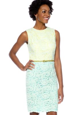 Maggy London Petite Cap-Sleeved Allover Lace Belted Sheath Dress