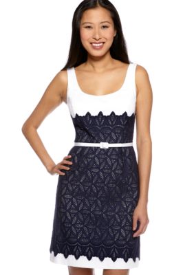 Maggy London Sleeveless Eyelet Overlay Belted Dress