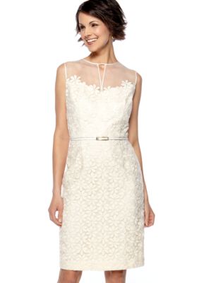 Maggy London Sleeveless Embroidered Belted Sheath Dress
