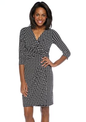 Maggy London Petite Three-Quarter Sleeved Mock Wrap Printed Dress