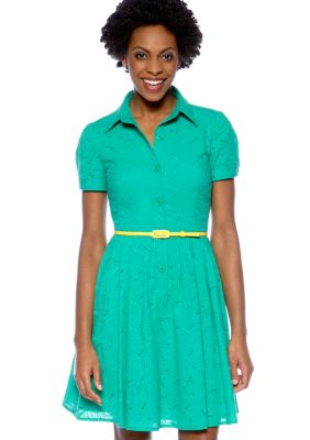 London Times Short-Sleeved Eyelet Belted Dress
