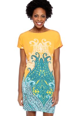 London Times Dolman Sleeved Placement Print Shift Dress