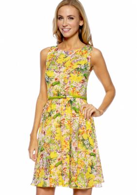 London Times Sleeveless Printed Fit and Flare Belted Dress