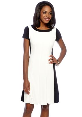 London Times Short-Sleeved Fit and Flare Colorblock Dress