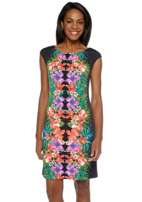 London Times Cap-Sleeved Mirror Print Shift Dress