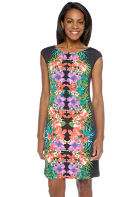 London Times Plus Size Cap-Sleeved Mirror Print Shift Dress
