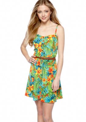 A Byer Tropical Floral Button Front Dress