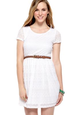 A Byer Short Sleeve Stretch Lace Belted Dress