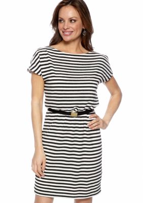 Gabby Skye Petite Cold Shoulder Stripe Blouson Dress