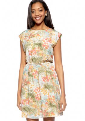 Gabby Skye Cap-Sleeved Belted Dress