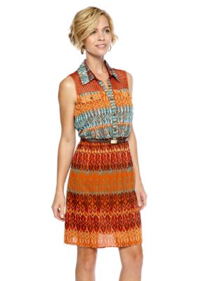 Gabby Skye Sleeveless Printed Mesh Belted Shirtdress