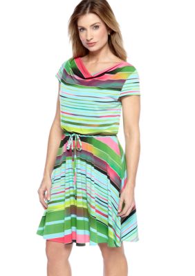 Gabby Skye Cap-Sleeved Multi Stripe Dress