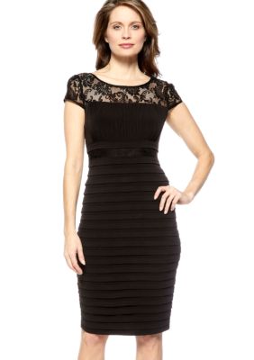 Sangria Petite Cap-Sleeved Lace Bodice Shutter Dress
