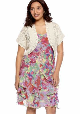 New Directions Sleeveless Floral Print Dress with Crochet Sweater